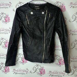 Karl Lagerfeld Black Textured Leather Jacket zip up zippers moto classy